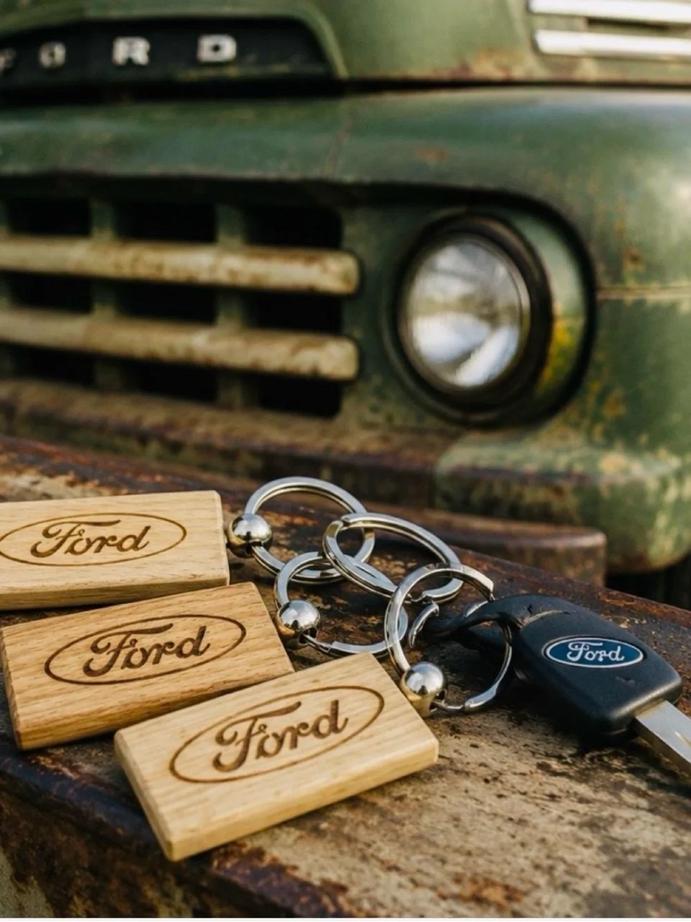Set of 3 Ford Wooden Key Chains in Natural Wood with Silver Rings